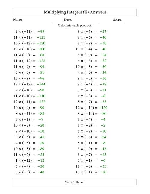 The Multiplying Positive by Negative Integers from -12 to 12 (50 Questions) (E) Math Worksheet Page 2
