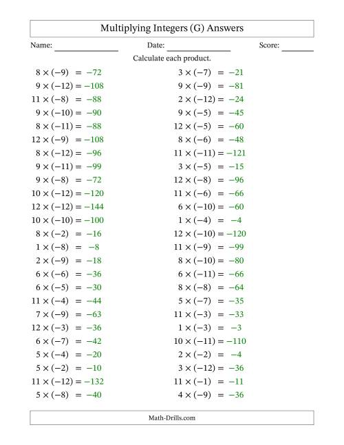 The Multiplying Positive by Negative Integers from -12 to 12 (50 Questions) (G) Math Worksheet Page 2