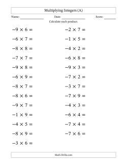 Multiplying Negative by Positive Integers from -9 to 9 (25 Questions; Large Print)