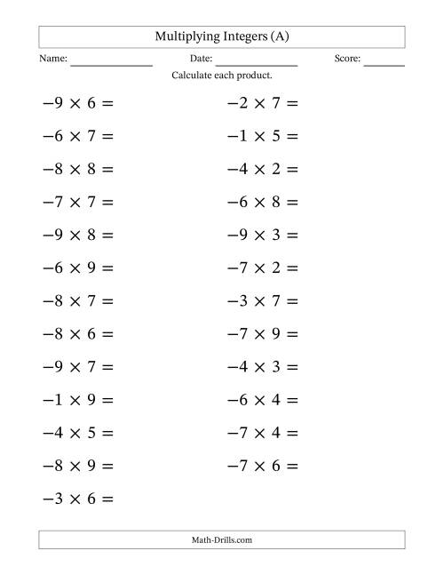The Multiplying Negative by Positive Integers from -9 to 9 (25 Questions; Large Print) (A) Math Worksheet