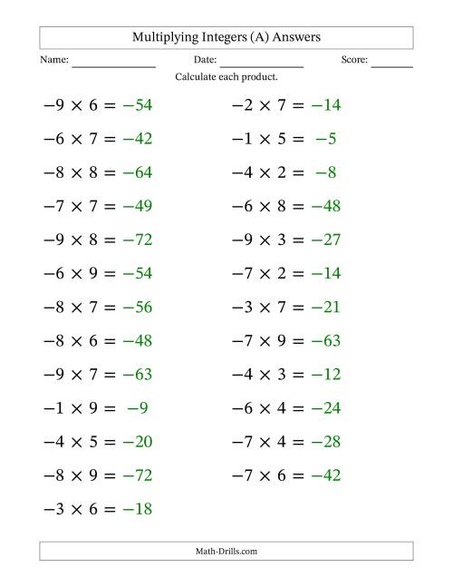 The Multiplying Negative by Positive Integers from -9 to 9 (25 Questions; Large Print) (A) Math Worksheet Page 2