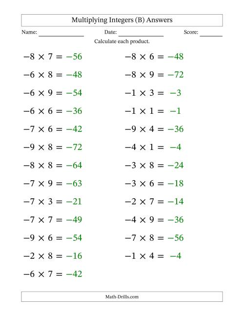 The Multiplying Negative by Positive Integers from -9 to 9 (25 Questions; Large Print) (B) Math Worksheet Page 2