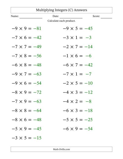 The Multiplying Negative by Positive Integers from -9 to 9 (25 Questions; Large Print) (C) Math Worksheet Page 2