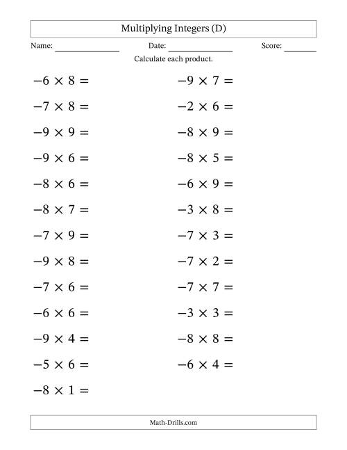 The Multiplying Negative by Positive Integers from -9 to 9 (25 Questions; Large Print) (D) Math Worksheet
