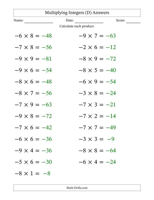 The Multiplying Negative by Positive Integers from -9 to 9 (25 Questions; Large Print) (D) Math Worksheet Page 2