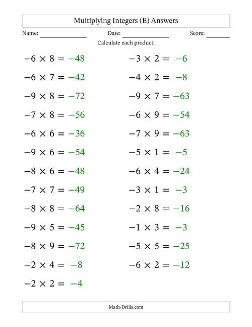 The Multiplying Negative by Positive Integers from -9 to 9 (25 Questions; Large Print) (E) Math Worksheet Page 2