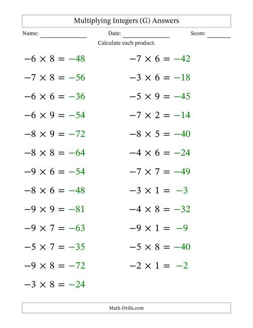 The Multiplying Negative by Positive Integers from -9 to 9 (25 Questions; Large Print) (G) Math Worksheet Page 2