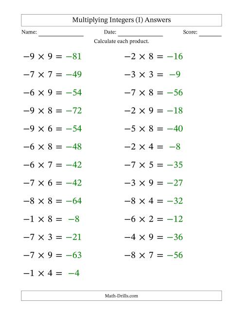 The Multiplying Negative by Positive Integers from -9 to 9 (25 Questions; Large Print) (I) Math Worksheet Page 2