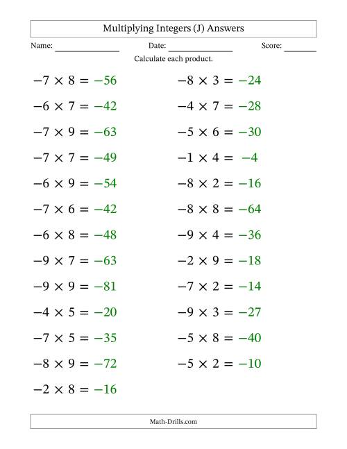 The Multiplying Negative by Positive Integers from -9 to 9 (25 Questions; Large Print) (J) Math Worksheet Page 2