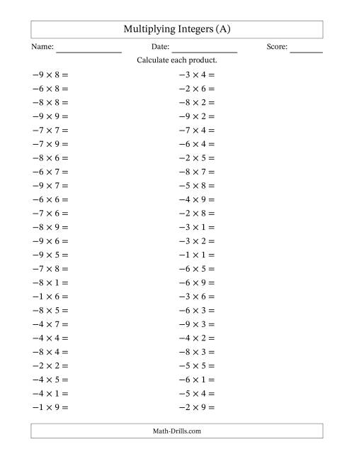 The Multiplying Negative by Positive Integers from -9 to 9 (50 Questions) (A) Math Worksheet