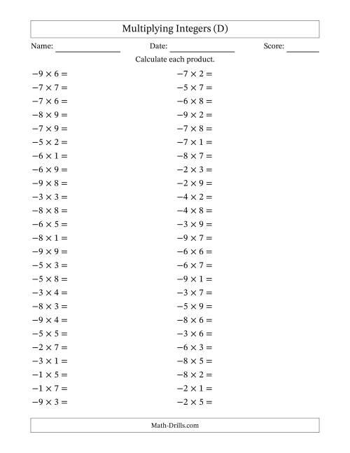 The Multiplying Negative by Positive Integers from -9 to 9 (50 Questions) (D) Math Worksheet