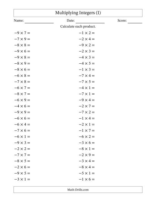 The Multiplying Negative by Positive Integers from -9 to 9 (50 Questions) (I) Math Worksheet