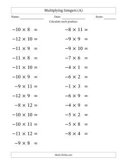 Multiplying Negative by Positive Integers from -12 to 12 (25 Questions; Large Print)