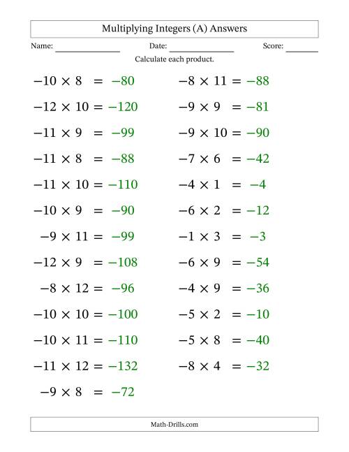 The Multiplying Negative by Positive Integers from -12 to 12 (25 Questions; Large Print) (A) Math Worksheet Page 2