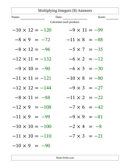 The Multiplying Negative by Positive Integers from -12 to 12 (25 Questions; Large Print) (B) Math Worksheet Page 2
