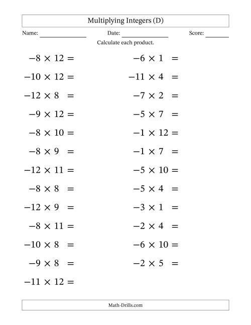 The Multiplying Negative by Positive Integers from -12 to 12 (25 Questions; Large Print) (D) Math Worksheet