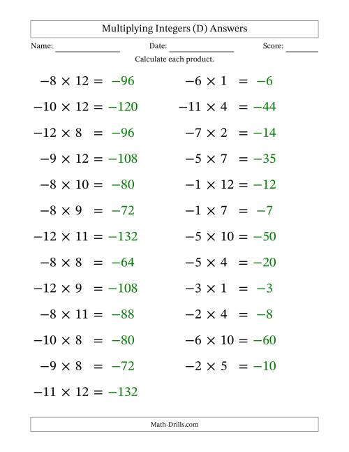 The Multiplying Negative by Positive Integers from -12 to 12 (25 Questions; Large Print) (D) Math Worksheet Page 2