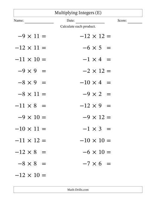 The Multiplying Negative by Positive Integers from -12 to 12 (25 Questions; Large Print) (E) Math Worksheet