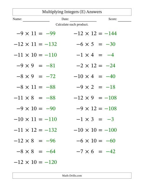 The Multiplying Negative by Positive Integers from -12 to 12 (25 Questions; Large Print) (E) Math Worksheet Page 2