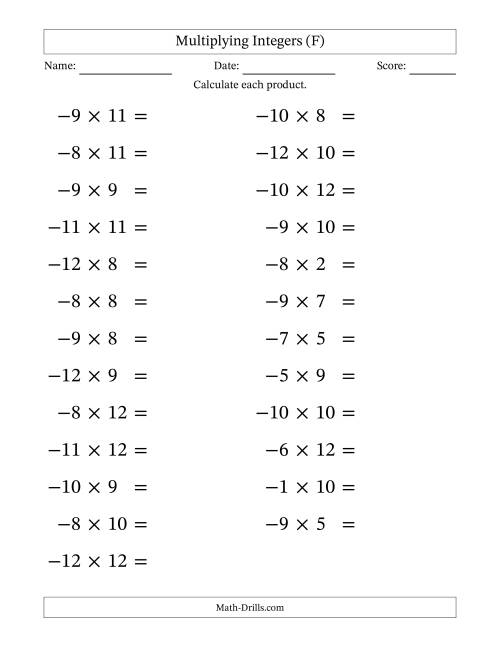 The Multiplying Negative by Positive Integers from -12 to 12 (25 Questions; Large Print) (F) Math Worksheet