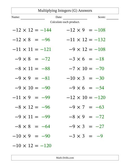 The Multiplying Negative by Positive Integers from -12 to 12 (25 Questions; Large Print) (G) Math Worksheet Page 2