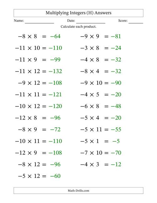 The Multiplying Negative by Positive Integers from -12 to 12 (25 Questions; Large Print) (H) Math Worksheet Page 2