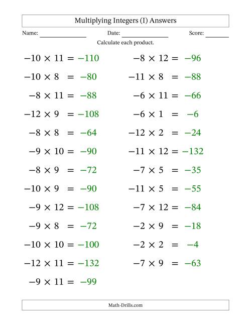 The Multiplying Negative by Positive Integers from -12 to 12 (25 Questions; Large Print) (I) Math Worksheet Page 2
