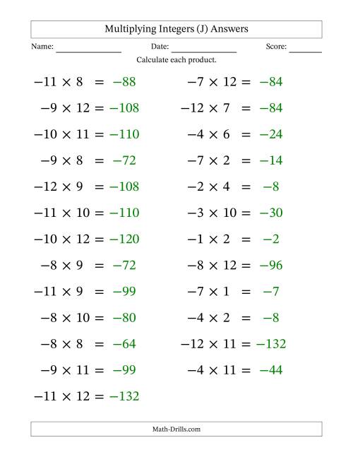 The Multiplying Negative by Positive Integers from -12 to 12 (25 Questions; Large Print) (J) Math Worksheet Page 2