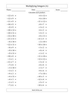 Multiplying Negative by Positive Integers from -12 to 12 (50 Questions)