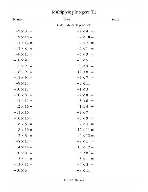 The Multiplying Negative by Positive Integers from -12 to 12 (50 Questions) (B) Math Worksheet
