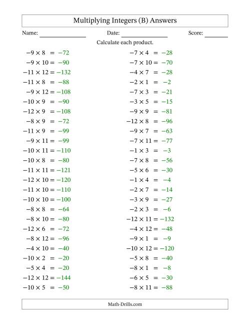 The Multiplying Negative by Positive Integers from -12 to 12 (50 Questions) (B) Math Worksheet Page 2