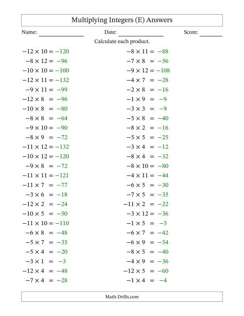 The Multiplying Negative by Positive Integers from -12 to 12 (50 Questions) (E) Math Worksheet Page 2