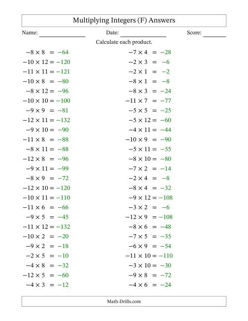 The Multiplying Negative by Positive Integers from -12 to 12 (50 Questions) (F) Math Worksheet Page 2