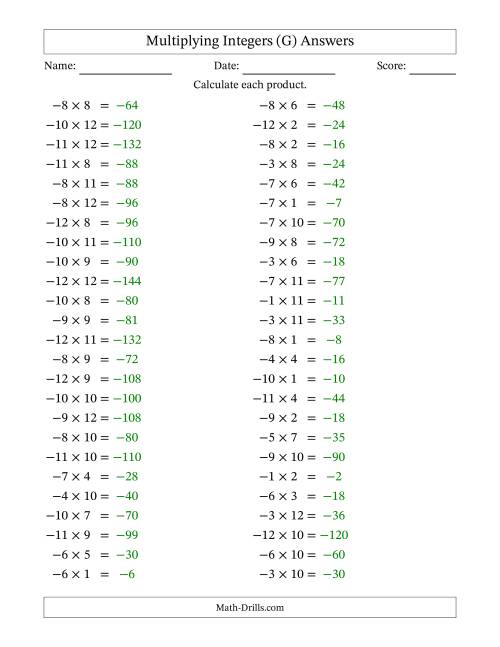 The Multiplying Negative by Positive Integers from -12 to 12 (50 Questions) (G) Math Worksheet Page 2