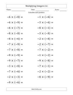 Multiplying Negative by Negative Integers from -9 to 9 (25 Questions; Large Print)