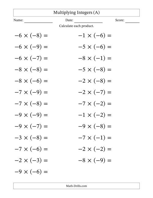 The Multiplying Negative by Negative Integers from -9 to 9 (25 Questions; Large Print) (A) Math Worksheet