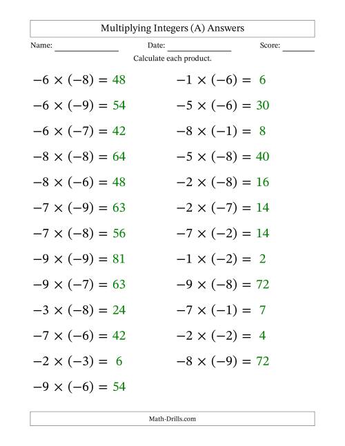 The Multiplying Negative by Negative Integers from -9 to 9 (25 Questions; Large Print) (A) Math Worksheet Page 2