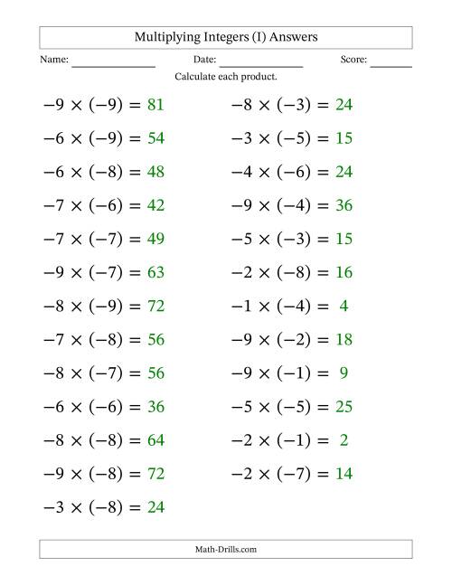 The Multiplying Negative by Negative Integers from -9 to 9 (25 Questions; Large Print) (I) Math Worksheet Page 2