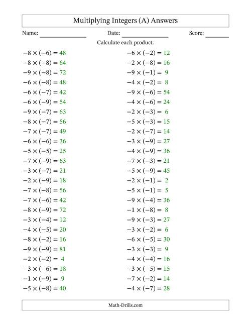 The Multiplying Negative by Negative Integers from -9 to 9 (50 Questions) (All) Math Worksheet Page 2