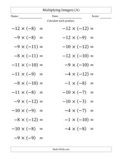 Multiplying Negative by Negative Integers from -12 to 12 (25 Questions; Large Print)