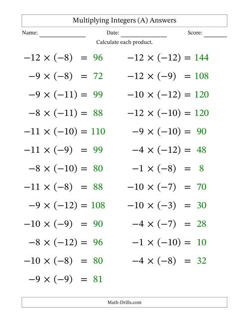 The Multiplying Negative by Negative Integers from -12 to 12 (25 Questions; Large Print) (A) Math Worksheet Page 2