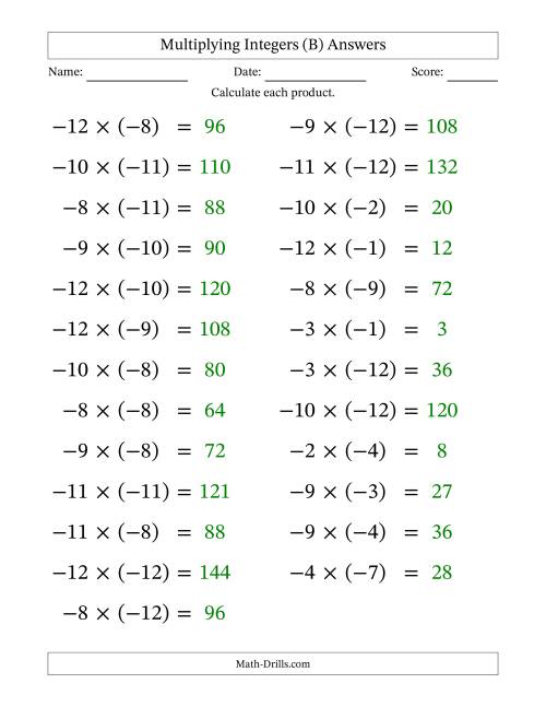 The Multiplying Negative by Negative Integers from -12 to 12 (25 Questions; Large Print) (B) Math Worksheet Page 2