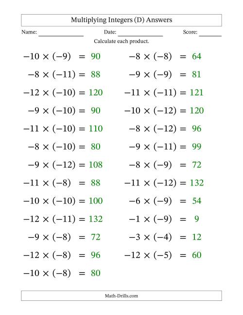 The Multiplying Negative by Negative Integers from -12 to 12 (25 Questions; Large Print) (D) Math Worksheet Page 2