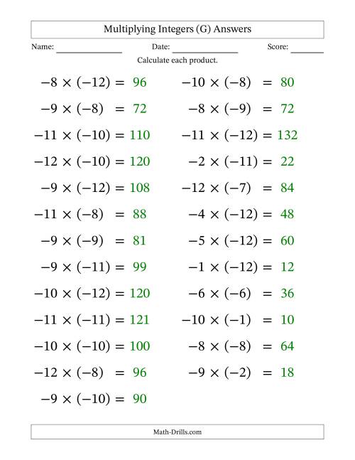 The Multiplying Negative by Negative Integers from -12 to 12 (25 Questions; Large Print) (G) Math Worksheet Page 2