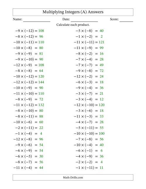 The Multiplying Negative by Negative Integers from -12 to 12 (50 Questions) (A) Math Worksheet Page 2