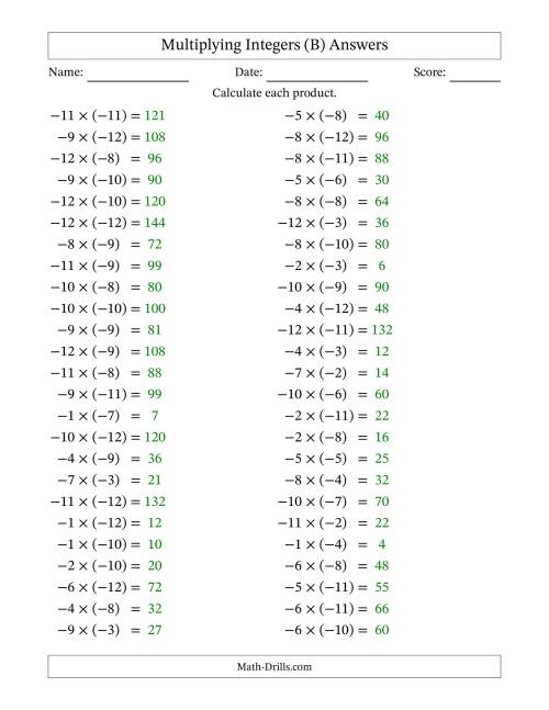 The Multiplying Negative by Negative Integers from -12 to 12 (50 Questions) (B) Math Worksheet Page 2