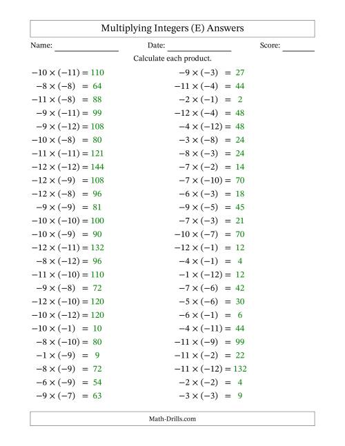 The Multiplying Negative by Negative Integers from -12 to 12 (50 Questions) (E) Math Worksheet Page 2