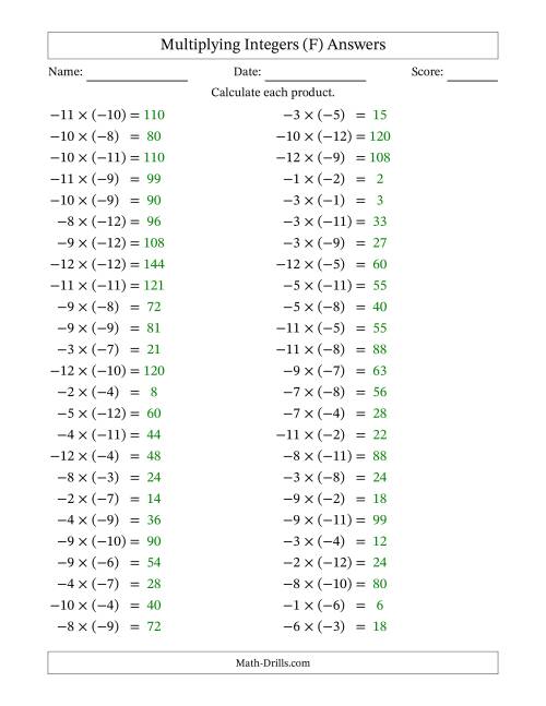 The Multiplying Negative by Negative Integers from -12 to 12 (50 Questions) (F) Math Worksheet Page 2