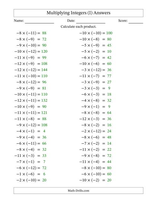 The Multiplying Negative by Negative Integers from -12 to 12 (50 Questions) (I) Math Worksheet Page 2