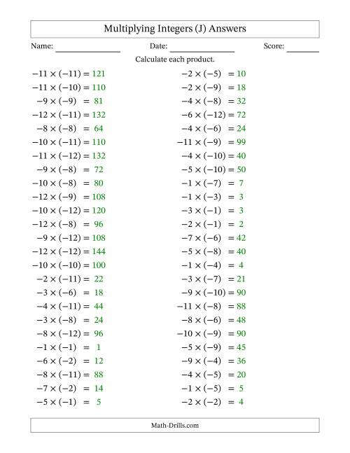 The Multiplying Negative by Negative Integers from -12 to 12 (50 Questions) (J) Math Worksheet Page 2
